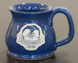 "Freethinker" blue stoneware mug with pansy design